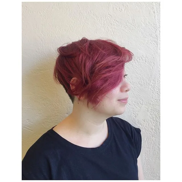 Magenta-red textured pixie crop, side profile